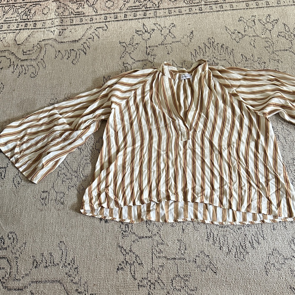 Striped V-Neck Peasant Blouse in Cream and Tan